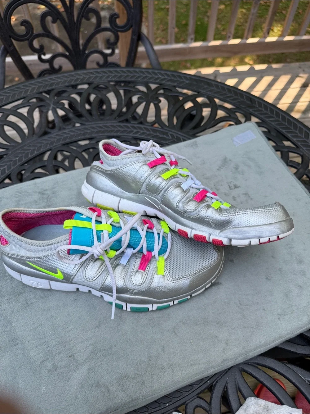 Nike Women's Silver Sneakers with Blue, Pink & Neon Yellow Accents